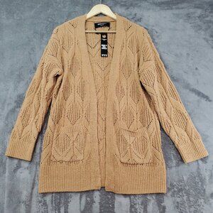 Womens Cardigan Size L Open Front Knit Chenille Pockets Long Cozy Librarian NEW